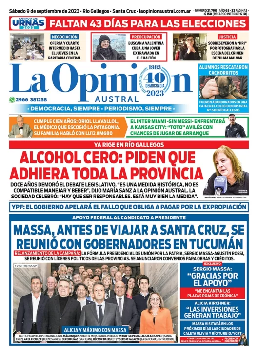 Diario La Opinión Austral tapa edición impresa del sábado 9 de septiembre de 2023, Río Gallegos, Santa Cruz, Argentina