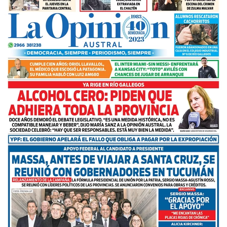 Diario La Opinión Austral tapa edición impresa del sábado 9 de septiembre de 2023, Río Gallegos, Santa Cruz, Argentina