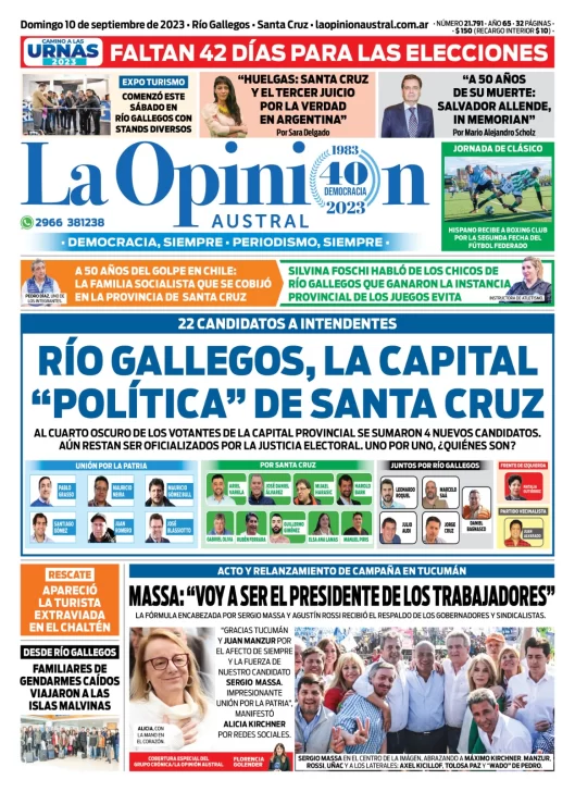 Diario La Opinión Austral tapa edición impresa del domingo 10 de septiembre de 2023, Río Gallegos, Santa Cruz, Argentina