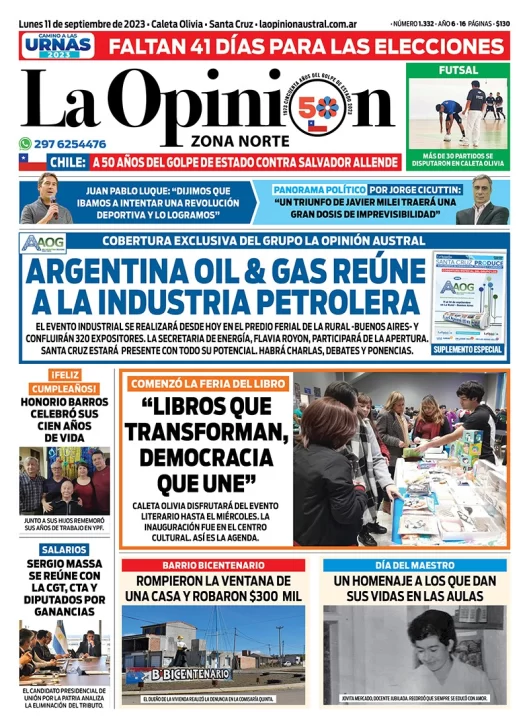 Diario La Opinión Zona Norte tapa edición impresa del lunes 11 de septiembre de 2023, Caleta Olivia, Santa Cruz, Argentina
