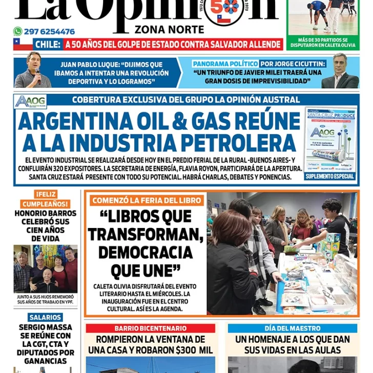 Diario La Opinión Zona Norte tapa edición impresa del lunes 11 de septiembre de 2023, Caleta Olivia, Santa Cruz, Argentina