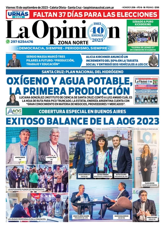 Diario La Opinión Zona Norte tapa edición impresa del viernes 15 de septiembre de 2023, Caleta Olivia, Santa Cruz, Argentina