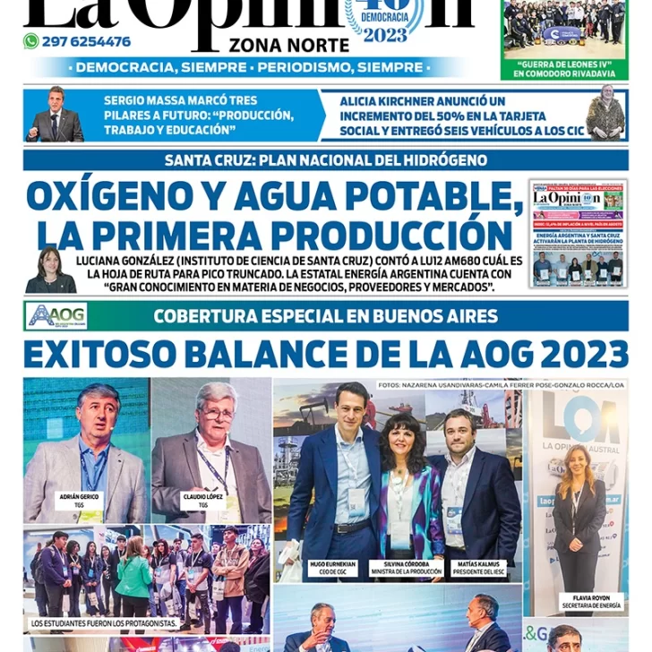 Diario La Opinión Zona Norte tapa edición impresa del viernes 15 de septiembre de 2023, Caleta Olivia, Santa Cruz, Argentina