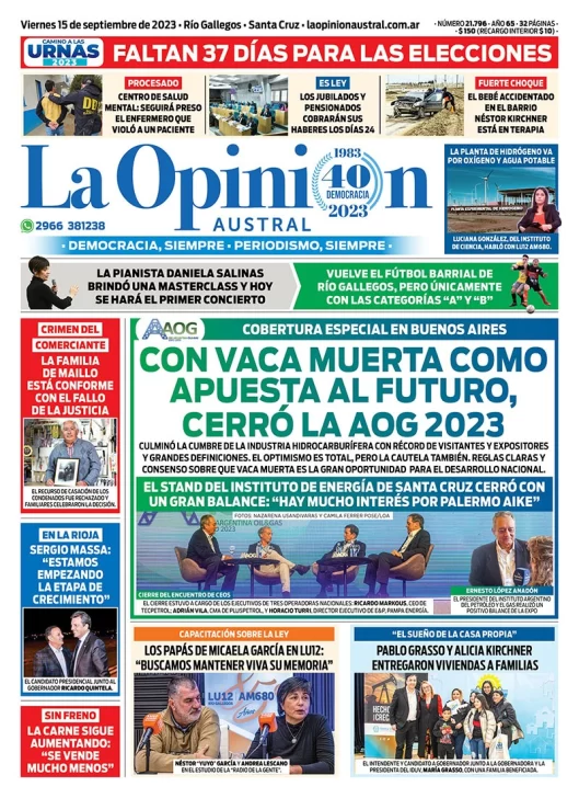 Diario La Opinión Austral tapa edición impresa del viernes 15 de septiembre de 2023, Río Gallegos, Santa Cruz, Argentina
