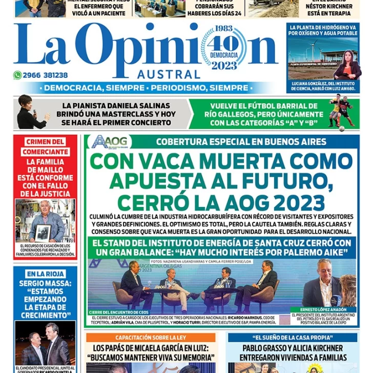 Diario La Opinión Austral tapa edición impresa del viernes 15 de septiembre de 2023, Río Gallegos, Santa Cruz, Argentina