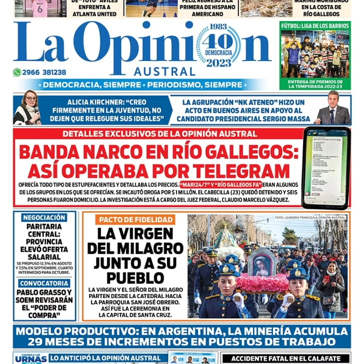 Diario La Opinión Austral tapa edición impresa del sábado 16 de septiembre de 2023, Río Gallegos, Santa Cruz, Argentina