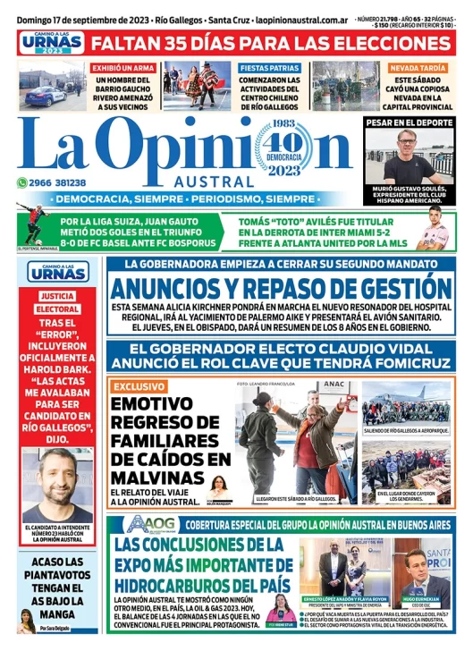 Diario La Opinión Austral tapa edición impresa del domingo 17 de septiembre de 2023, Río Gallegos, Santa Cruz, Argentina