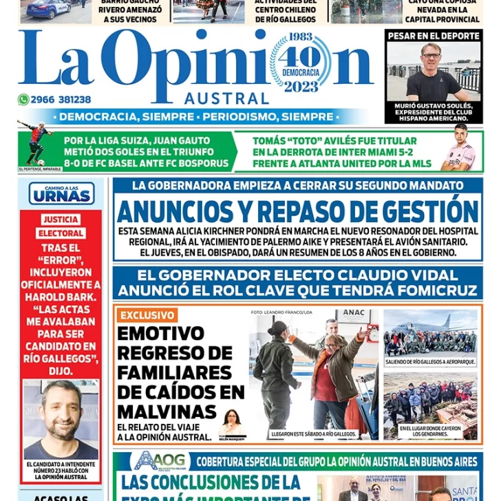 Diario La Opinión Austral tapa edición impresa del domingo 17 de septiembre de 2023, Río Gallegos, Santa Cruz, Argentina