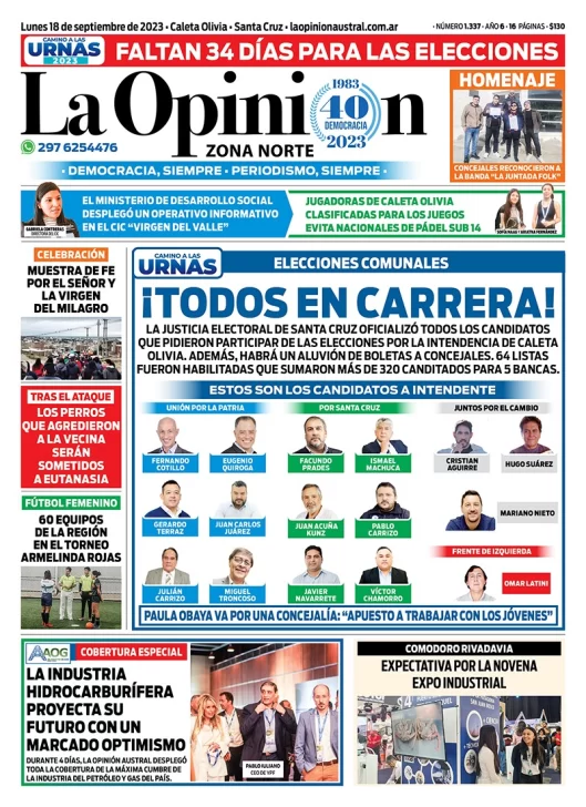 Diario La Opinión Zona Norte tapa edición impresa del lunes 18 de septiembre de 2023, Caleta Olivia, Santa Cruz, Argentina