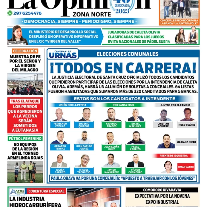 Diario La Opinión Zona Norte tapa edición impresa del lunes 18 de septiembre de 2023, Caleta Olivia, Santa Cruz, Argentina