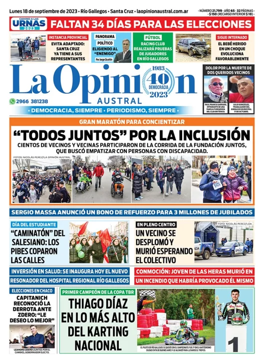 Diario La Opinión Austral tapa edición impresa del lunes 18 de septiembre de 2023, Río Gallegos, Santa Cruz, Argentina
