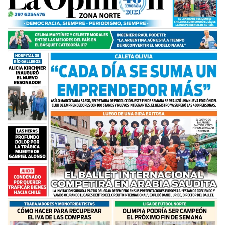 Diario La Opinión Zona Norte tapa edición impresa del martes 19 de septiembre de 2023, Caleta Olivia, Santa Cruz, Argentina