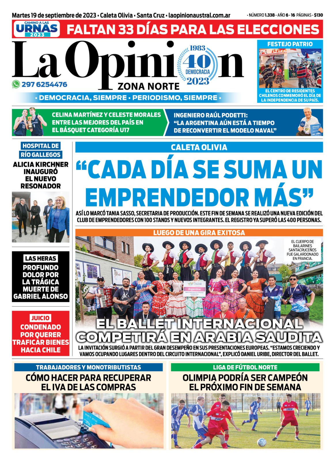 Diario La Opinión Zona Norte tapa edición impresa del martes 19 de septiembre de 2023, Caleta Olivia, Santa Cruz, Argentina