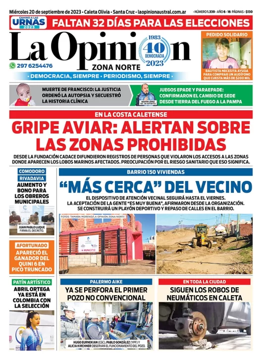 Diario La Opinión Zona Norte tapa edición impresa del miércoles 20 de septiembre de 2023, Caleta Olivia, Santa Cruz, Argentina
