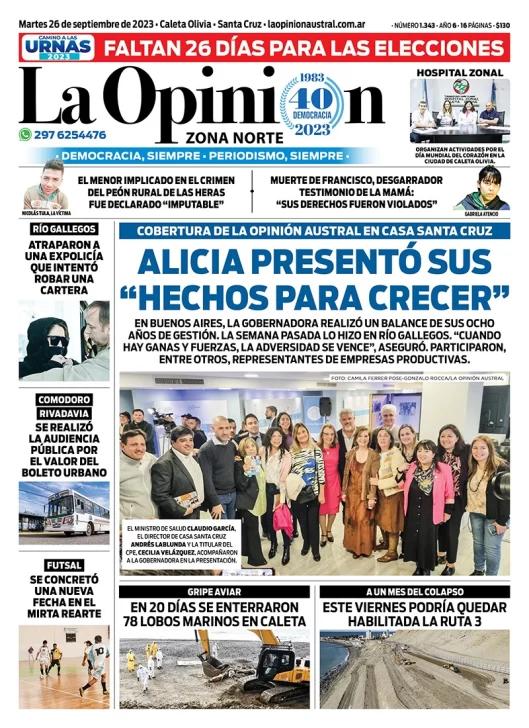 Diario La Opinión Zona Norte tapa edición impresa del martes 26 de septiembre de 2023, Caleta Olivia, Santa Cruz, Argentina