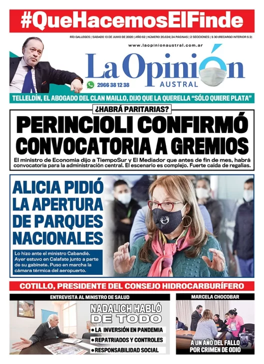Diario La Opinión Austral edición impresa del 13 de junio de 2020, Santa Cruz, Argentina