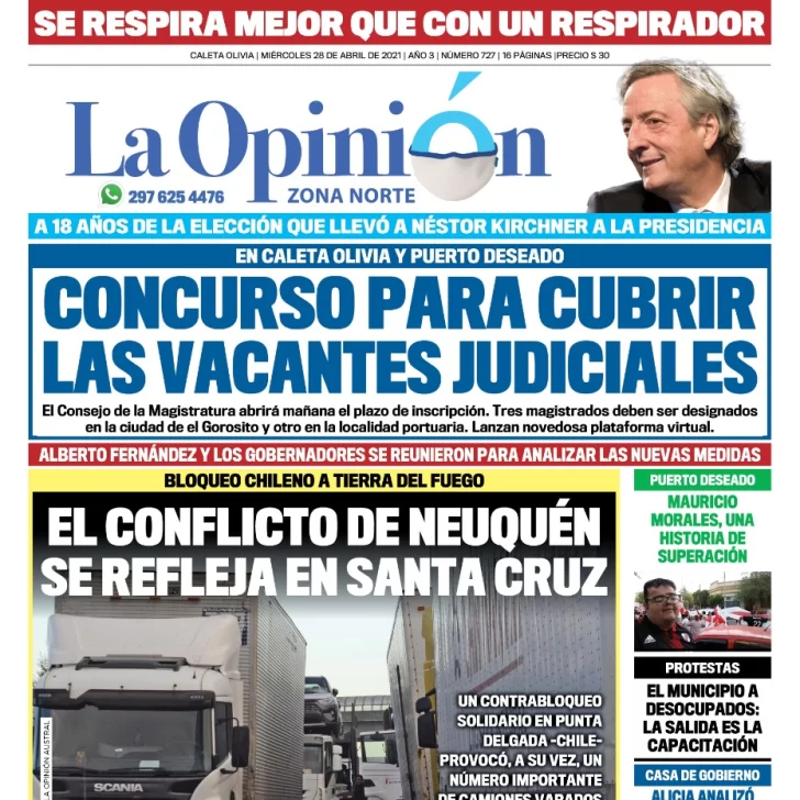 Diario La Opinión Zona Norte tapa edición impresa del 28 de abril de 2021, Río Gallegos, Santa Cruz, Argentina
