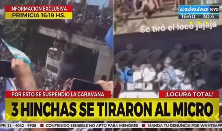 Tres hinchas se tiraron desde un puente al colectivo de la Selección: uno cayó al vacío