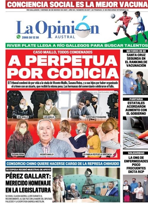 Diario La Opinión Austral tapa edición impresa del 26 de marzo de 2021 Río Gallegos, Santa Cruz, Argentina