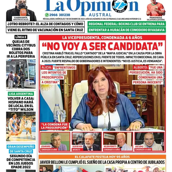 Diario La Opinión Austral tapa edición impresa del miércoles 7 de diciembre de 2022 Río Gallegos, Santa Cruz, Argentina Diario La Opinión Austral tapa edición impresa del miércoles 7 de diciembre de 2022 Río Gallegos, Santa Cruz, Argentina