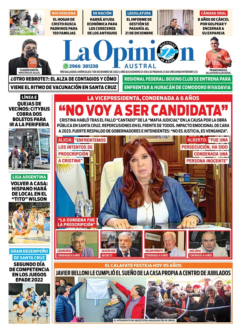 Diario La Opinión Austral tapa edición impresa del miércoles 7 de diciembre de 2022 Río Gallegos, Santa Cruz, Argentina Diario La Opinión Austral tapa edición impresa del miércoles 7 de diciembre de 2022 Río Gallegos, Santa Cruz, Argentina