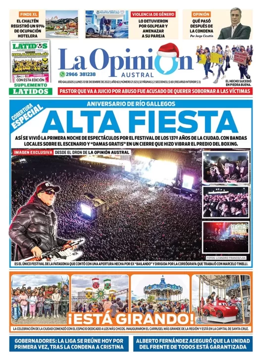 Diario La Opinión Austral tapa edición impresa del lunes 12 de diciembre de 2022 Río Gallegos, Santa Cruz, Argentina