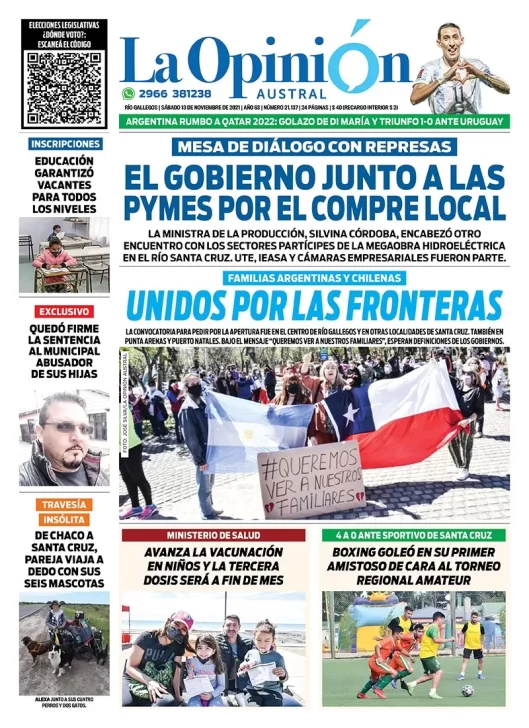 Diario La Opinión Austral tapa edición impresa del 13 de noviembre de 2021 Río Gallegos, Santa Cruz, Argentina