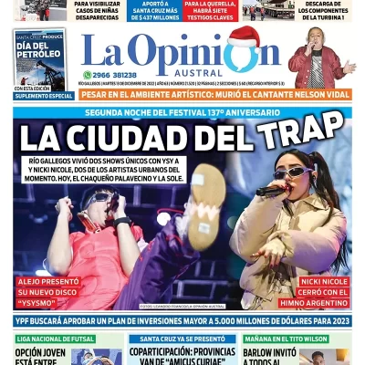 Diario La Opinión Austral tapa edición impresa del martes 13 de diciembre de 2022 Río Gallegos, Santa Cruz, Argentina