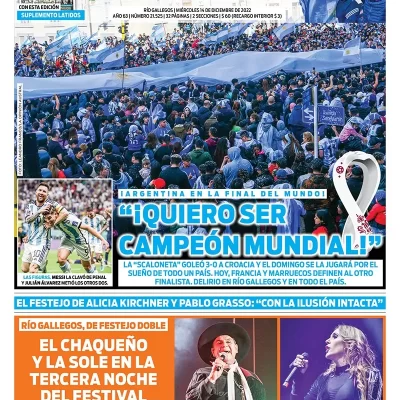 Diario La Opinión Austral tapa edición impresa del miércoles 14 de diciembre de 2022 Río Gallegos, Santa Cruz, Argentina