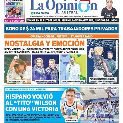 Diario La Opinión Austral tapa edición impresa del jueves 15 de diciembre de 2022 Río Gallegos, Santa Cruz, Argentina