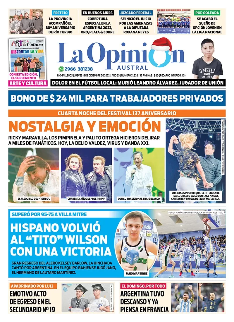Diario La Opinión Austral tapa edición impresa del jueves 15 de diciembre de 2022 Río Gallegos, Santa Cruz, Argentina