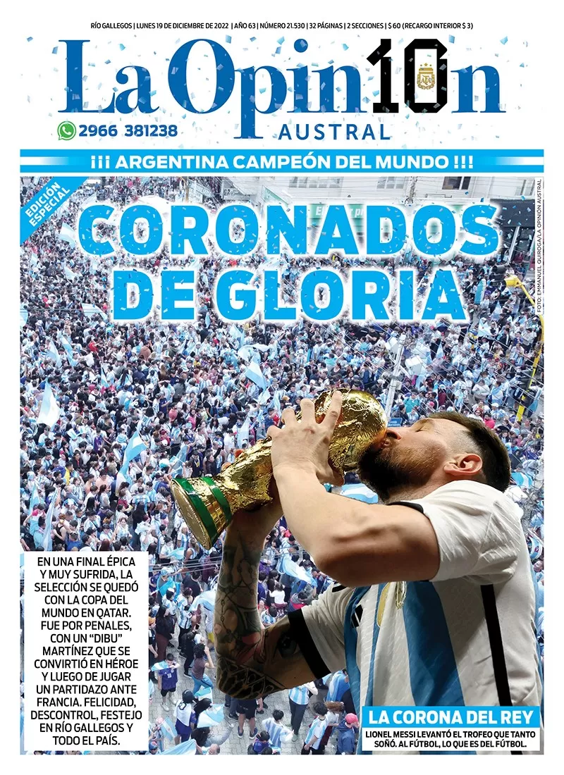 Diario La Opinión Austral tapa edición impresa del lunes 19 de diciembre de 2022 Río Gallegos, Santa Cruz, Argentina