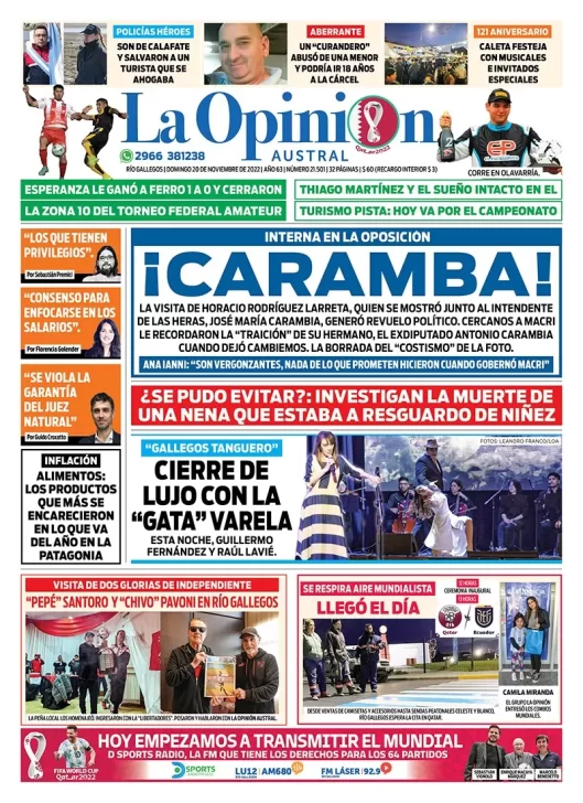Diario La Opinión Austral tapa edición impresa del domingo 20 de noviembre de 2022 Río Gallegos, Santa Cruz, Argentina