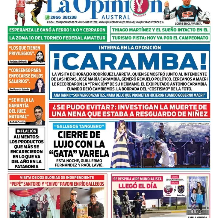 Diario La Opinión Austral tapa edición impresa del domingo 20 de noviembre de 2022 Río Gallegos, Santa Cruz, Argentina