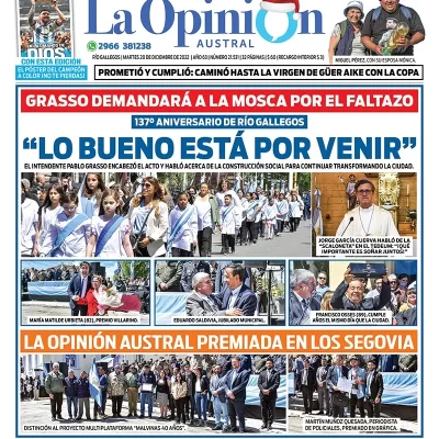 Diario La Opinión Austral tapa edición impresa del martes 20 de diciembre de 2022 Río Gallegos, Santa Cruz, Argentina