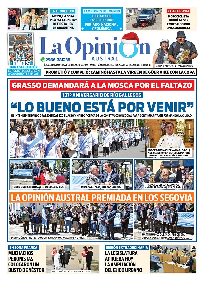 Diario La Opinión Austral tapa edición impresa del martes 20 de diciembre de 2022 Río Gallegos, Santa Cruz, Argentina