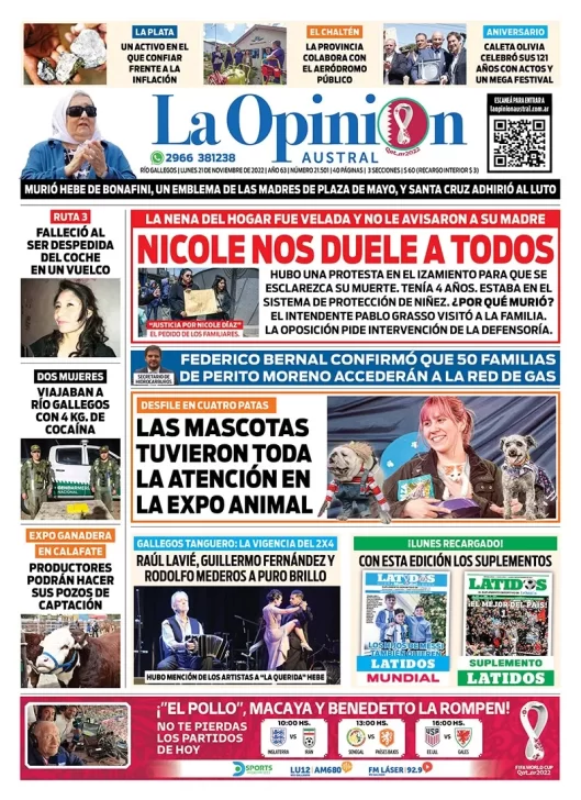 Diario La Opinión Austral tapa edición impresa del lunes 21 de noviembre de 2022 Río Gallegos, Santa Cruz, Argentina