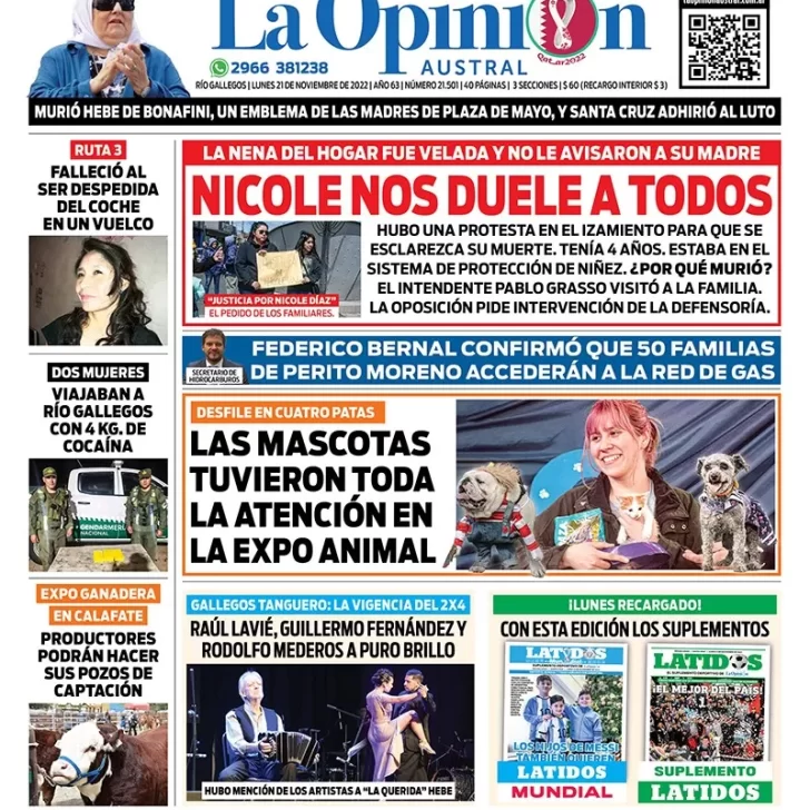 Diario La Opinión Austral tapa edición impresa del lunes 21 de noviembre de 2022 Río Gallegos, Santa Cruz, Argentina