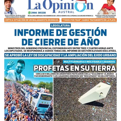 Diario La Opinión Austral tapa edición impresa del miércoles 21 de diciembre de 2022 Río Gallegos, Santa Cruz, Argentina