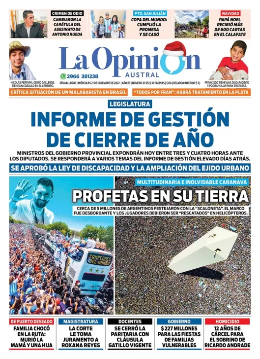 Diario La Opinión Austral tapa edición impresa del miércoles 21 de diciembre de 2022 Río Gallegos, Santa Cruz, Argentina