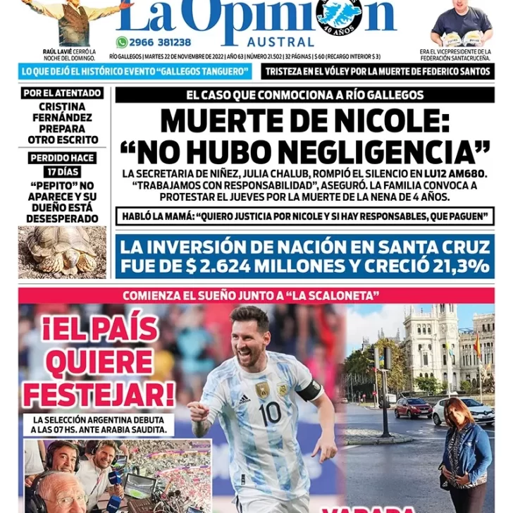 Diario La Opinión Austral tapa edición impresa del martes 22 de noviembre de 2022 Río Gallegos, Santa Cruz, Argentina