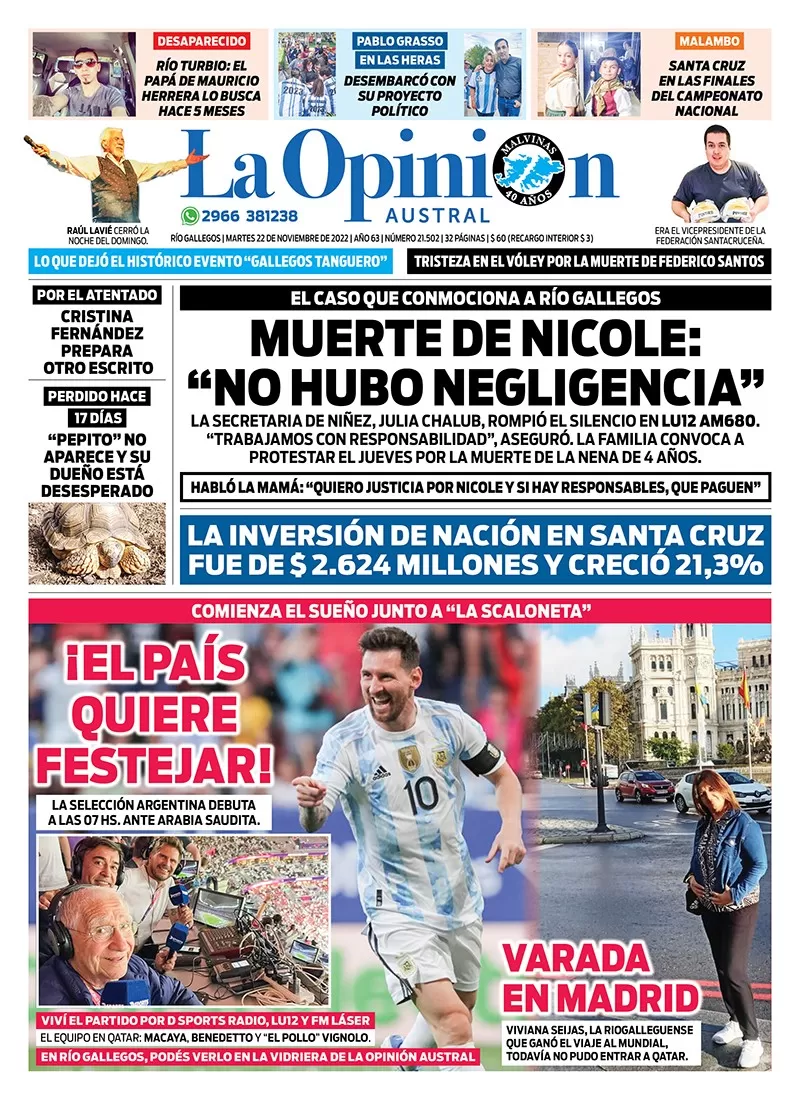 Diario La Opinión Austral tapa edición impresa del martes 22 de noviembre de 2022 Río Gallegos, Santa Cruz, Argentina