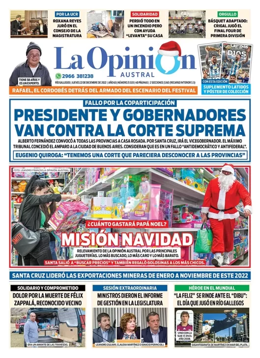 Diario La Opinión Austral tapa edición impresa del jueves 22 de diciembre de 2022 Río Gallegos, Santa Cruz, Argentina