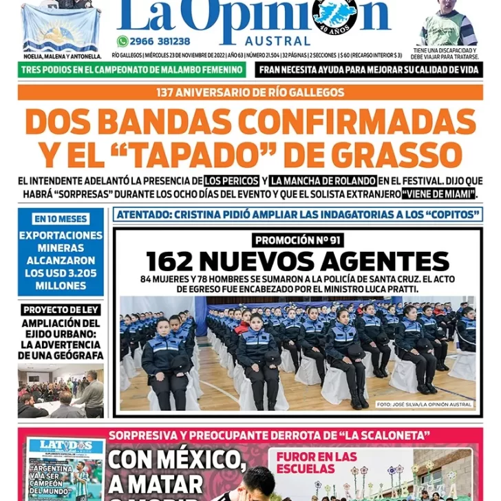 Diario La Opinión Austral tapa edición impresa del miércoles 23 de noviembre de 2022 Río Gallegos, Santa Cruz, Argentina