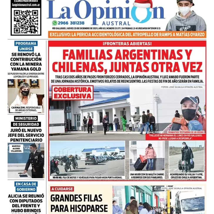 Diario La Opinión Austral tapa edición impresa del 23 de diciembre de 2021 Río Gallegos, Santa Cruz, Argentina