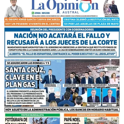 Diario La Opinión Austral tapa edición impresa del viernes 23 de diciembre de 2022 Río Gallegos, Santa Cruz, Argentina