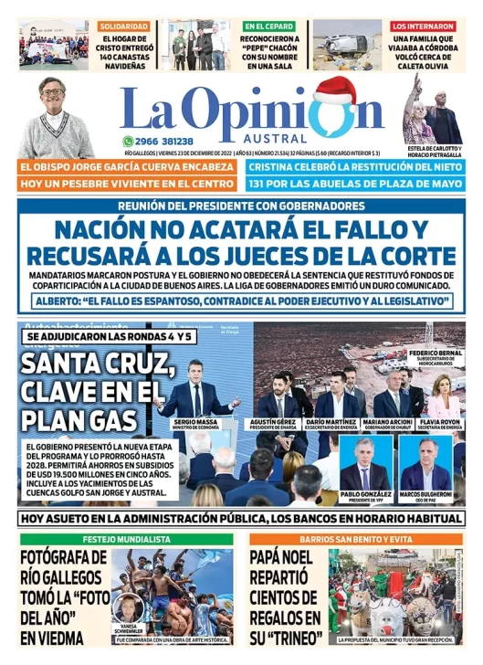 Diario La Opinión Austral tapa edición impresa del viernes 23 de diciembre de 2022 Río Gallegos, Santa Cruz, Argentina