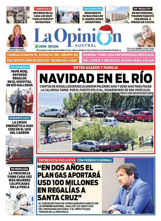 Diario La Opinión Austral tapa edición impresa del lunes 26 de diciembre de 2022 Río Gallegos, Santa Cruz, Argentina