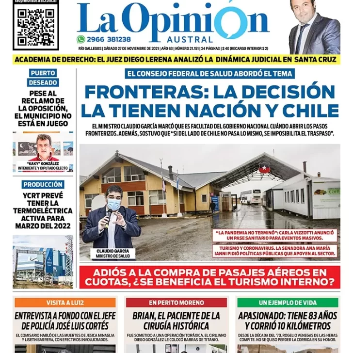 Diario La Opinión Austral tapa edición impresa del 27 de noviembre de 2021 Río Gallegos, Santa Cruz, Argentina