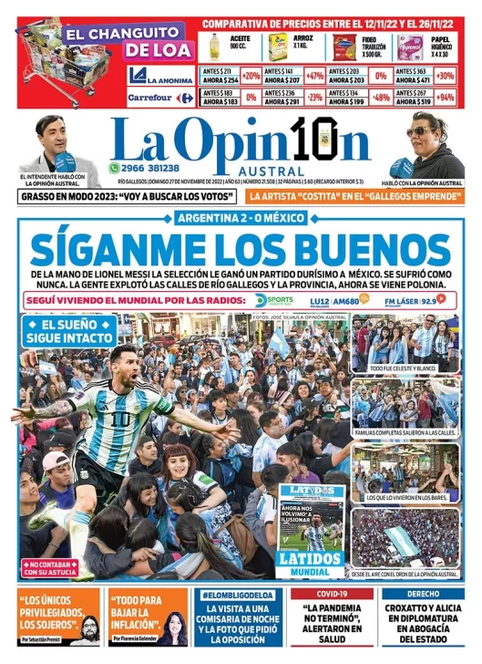 Diario La Opinión Austral tapa edición impresa del domingo 27 de noviembre de 2022 Río Gallegos, Santa Cruz, Argentina